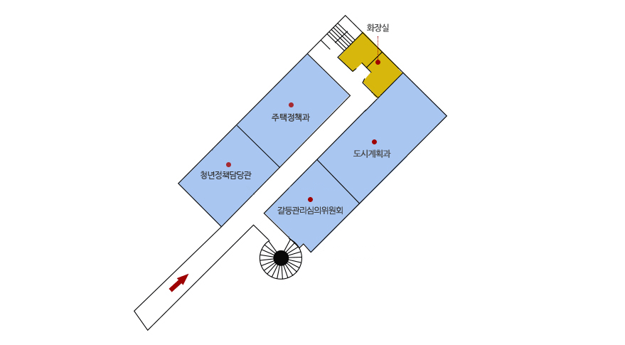 제1별관 2층 조감도 - 주택정책과를 기준으로 왼쪽으로 청년정책담당관, 맞은편에 갈등관리심의위원회, 도시계획과, 화장실 순으로 위치해 있습니다.