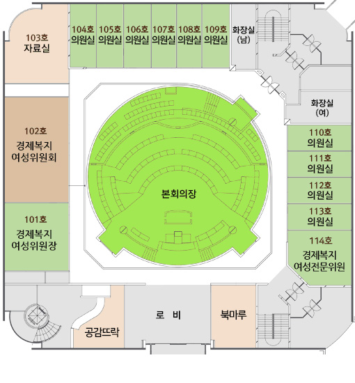 의회 1층 조감도 - 본회의장, 자료실, 의원실, 화장실(남,여), 경제복지여성전문위원실, 로비, 엘리베이터홀, 경제복지여성위원장실, 경제복지여성위원회실.