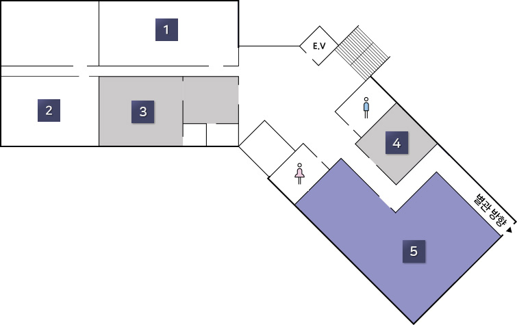 2층 배치도 - 중앙을 기준으로 오른쪽부터 대민안전관리관실, 행정과, 구청장실, 소회의실, 구청회의실 순으로 위치해 있습니다.