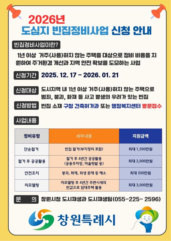 창원특례시, 2026년 도심지 빈집정비사업 대상자 모집
