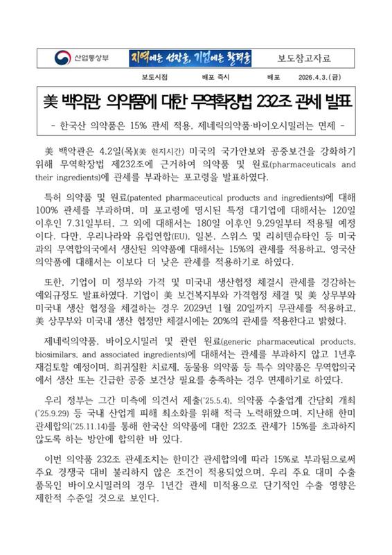 (참고자료)美 백악관, 의약품에 대한 무역확장법 232조 관세 발표