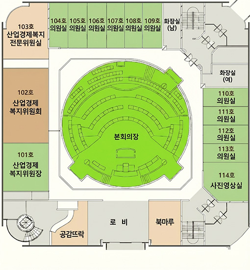 의회 1층 조감도 - 본회의장, 101호 산업경제복지위원장, 102호 산업경제복지위원회, 의원실(104호, 105호, 106호, 107호, 108호, 109호), 화장실(남,여), 의원실(110호, 111호, 112호, 113호), 114호 경제복지여성전문위원, 북마루, 로비, 공감뜨락, 엘리베이터홀