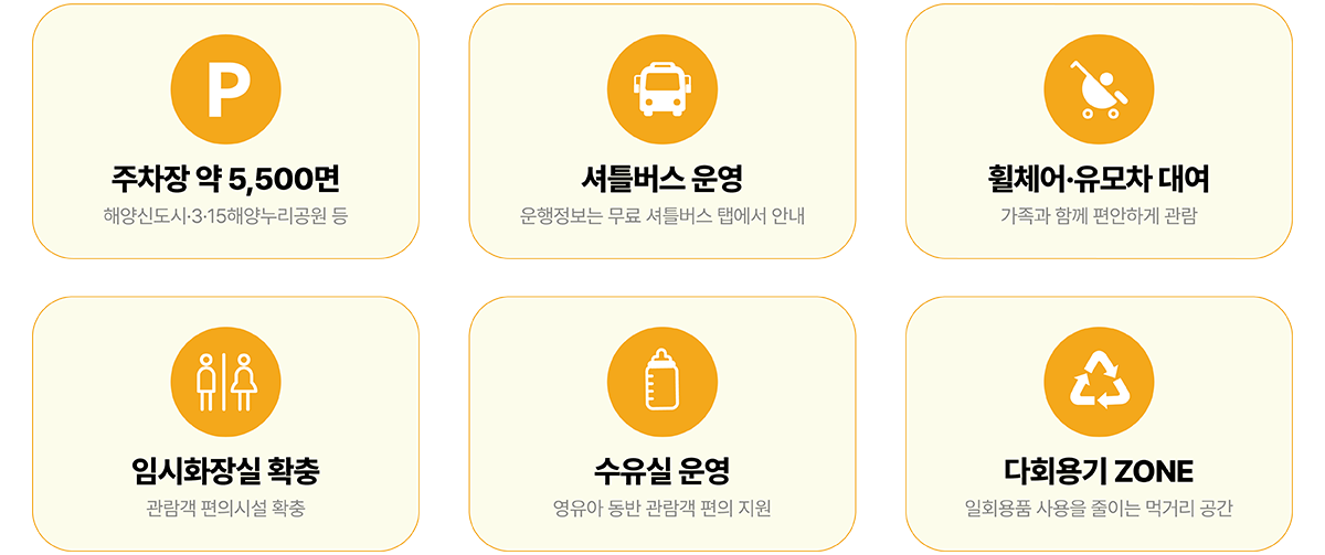 주차장 약 5,500면-해양신도시·3·15해양누리공원 등
셔틀버스 운영-운행정보는 무료 셔틀버스 탭에서 안내
휠체어·유모차 대여-가족과 함께 편안하게 관람
임시화장실 확충-관람객 편의시설 확충
수유실 운영-영유아 동반 관람객 편의 지원
다회용기 ZONE-일회용품 사용을 줄이는 먹거리 공간