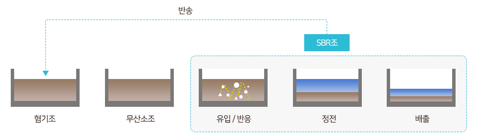 혐기조->무산소조->SBR조(유입/반응,정전,배출)->반송->혐기조