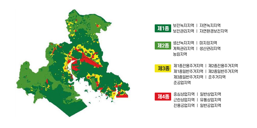 창원시 조명환경관리구역 
		제1종 : 보전녹지지역 ㅣ 자연녹지지역ㅣ보전관리지역 ㅣ 자연환경보전지역
		제2종 : 생산녹지지역 ㅣ 미지정지역ㅣ계획관리지역 ㅣ 생산관리지역ㅣ농림지역
		제3종 : 제1종전용주거지역 ㅣ 제2종전용주거지역ㅣ제1종일반주거지역 ㅣ 제2종일반주거지역ㅣ제3종일반주거지역 ㅣ 준주거지역ㅣ준공업지역
		제4종 : 중심상업지역 ㅣ 일반상업지역ㅣ근린상업지역 ㅣ 유통상업지역ㅣ전용공업지역 ㅣ 일반공업지역