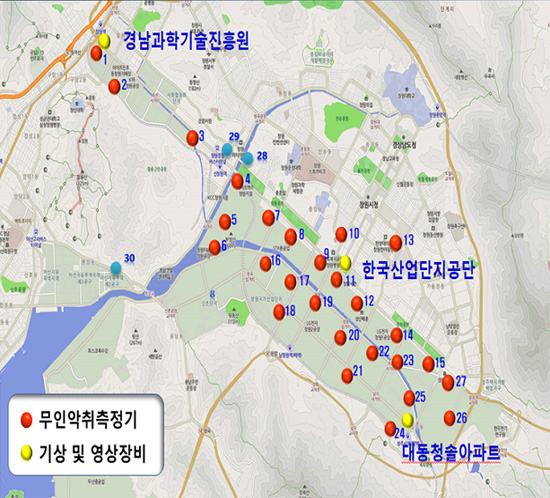 창원산단 악취감지기 지도
1몽고식픔 인근
2동서식품 인근
3화신케미칼 인근
4르노삼성자동차
5한성산업 옆
6동원F&B 옆
7내동공단쇼핑상가
8중앙동주민센터
9한국산업단지공단
10경남맨션 2동 옥상
11현대위아 연구소사옥
12남산주공아파트
13㈜삼우KJS텍 인근
14효성굿스프링 사거리
15한국공작기계 인근
16인화정공(주)
17LG전자창원2공장
18스타리온(성철사)
19㈜피엔에스알미늄
20야촌사거리 인근
21대동청솔아파트 인근
22㈜세복 인근
23두산DST 인근
24대동2차아파트주차장
25월드메르디앙
26상남동주민센터
27성산구청 옥상
28경남과학기술진흥원
29한국산업단지공단
30대동청솔아파트