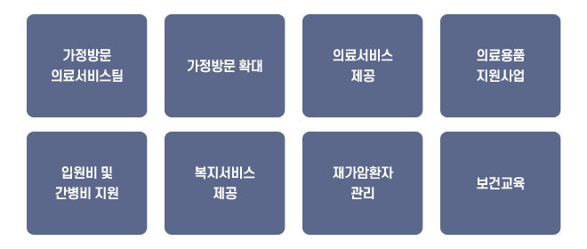 -가정방문의료서비스팀 -가정방문 확대 -의료서비스제공 -의료용품지원사업 -입원비 및 간병비 지원 -복지서비스 제공 -재가암환자 관리 -보건교육