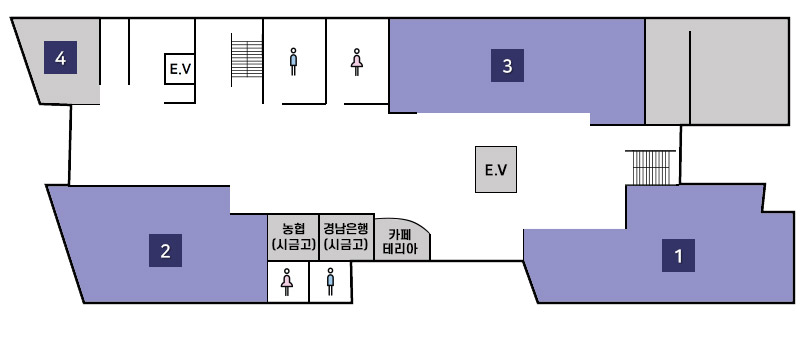 1층 배치도 - 중앙을 기준으로 오른쪽부터 민원지적과, 세무과, 가정복지과, 당직실 순으로 위치해 있습니다.