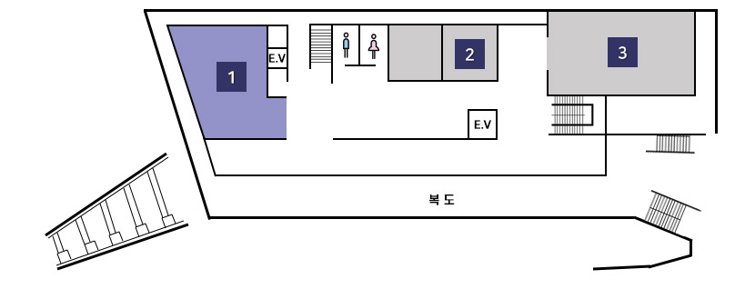 2층 배치도 - 중앙을 기준으로 오른쪽부터 중회의실, 대회의실, 산림농정과 순으로 위치해 있습니다.