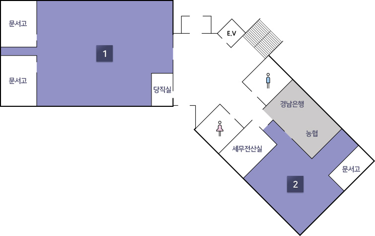 1층 배치도 - 중앙을 기준으로 오른쪽부터 세무과, 민원지적과순으로 위치해 있습니다.