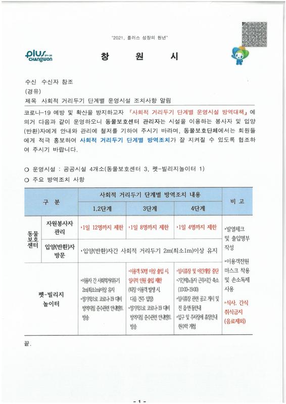 사회적 거리두기에 따른 운영시설 단계별 조치사항세부내용
