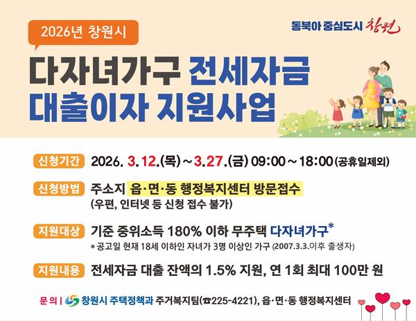 사업 홍보 이미지창원특례시, 다자녀가구 전세자금 대출이자 지원 대상자 모집(주택정책과).jpg