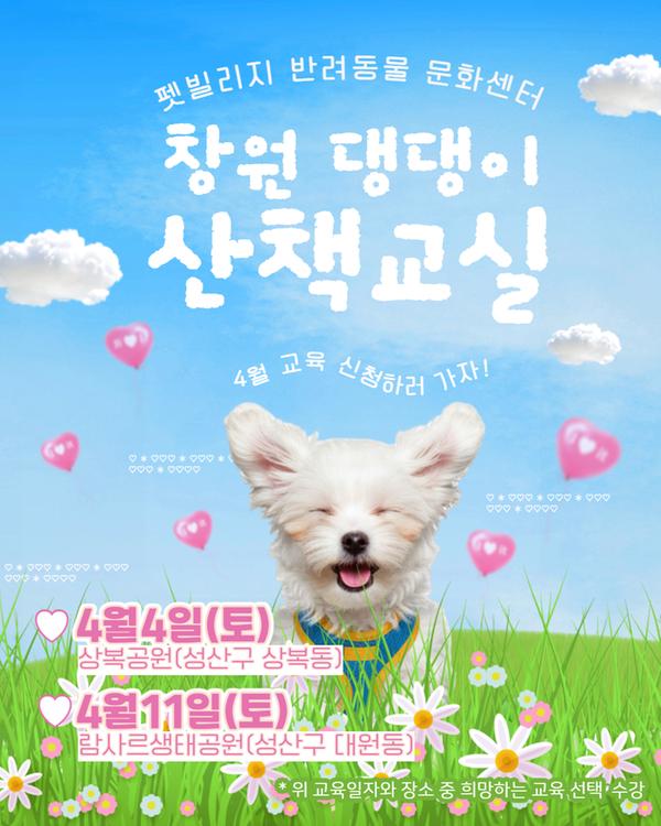 펫빌리지 반려동물 문화센터 창원 댕댕이 산책교실 4월 교육 신청하러 가자! 4월4일(토) 상복공원(성산구 상복동) 4월11일(토) 람사르생태공원(성산구 대원동)