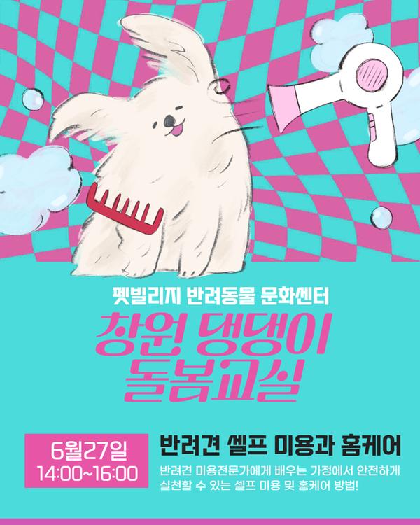 펫빌리지 반려동물 문화센터 창원 댕댕이 돌봄교실 6월27일(토) 14:00~16:00 반려견 셀프미용과 홈케어 반려견 미용전문가에게 배우는 가정에서 안전하게 실천할 수 있는 셀프미용 및 홈케어 방법!