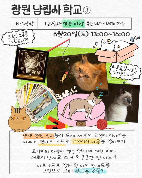 창원 냥집사 학교 묘르신반 냥집사 7년 이상 혹은 4년이상도 가능 6월20일(토) 13:00~16:00 묘르신 노후를 더 행복하게 타로로 알아보는 냥이들의 마음 경력 만렙 집사들이 모여 서로의 고양이 이야기를 나누고 펫타로 카드로 고양이의 마음 알아보기 고양이의 다양한 행동 언어에 대한 이해, 서로의 반려묘 소개 및 궁금한 점 나누기, 타로카드로 알게 된 나의 반려묘를 그림으로 그려 무드등 만들기
