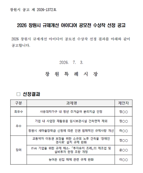 2026 창원시 규제개선 아이디어 공모전 수상작 선정 공고문