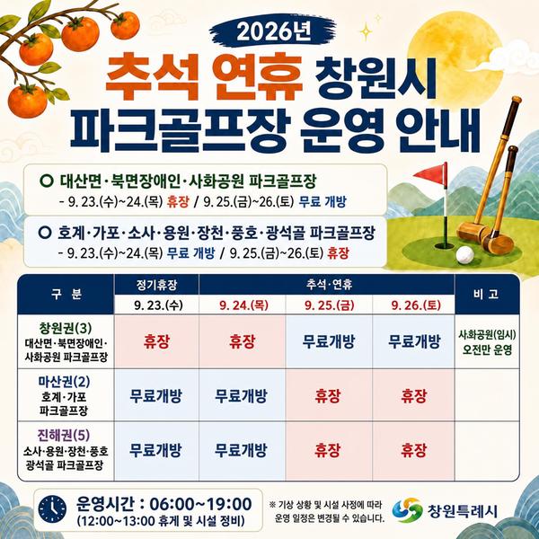 2026년 추석 연휴 창원시 파크골프장 운영 안내