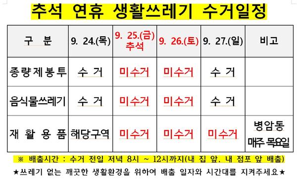 2026년 추석연휴 생활쓰레기 수거 일정 안내