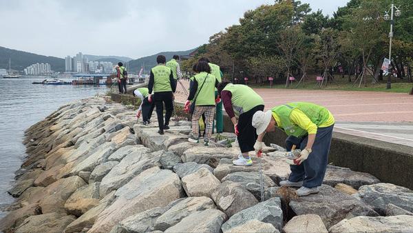 10월 19일 창원시자원봉사단체협의회 진해지회 회원들이 진해루해변공원에서 환경정화 활동을 하고 있다.