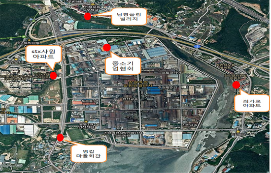 마천산단 악취감지기
                                                                                  1	영길마을회관
    2	남명플럼빌리지
    3	중소기업협회
    4	STX사원아파트
    5	신우회가로아파트